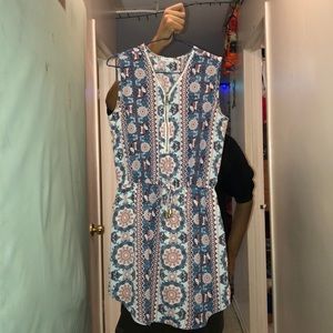 A colorful denim shirtdress.